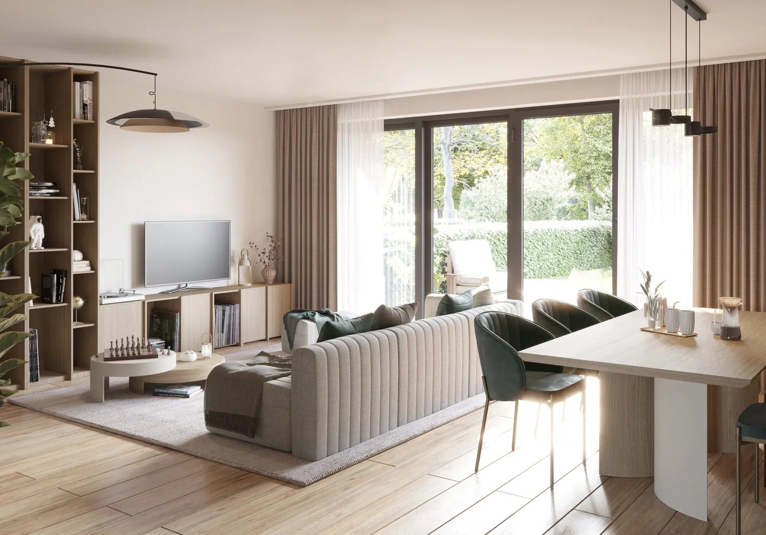 Wohnzimmer mit bodentiefen Fenstern (Beispiel-Visualisierung)
