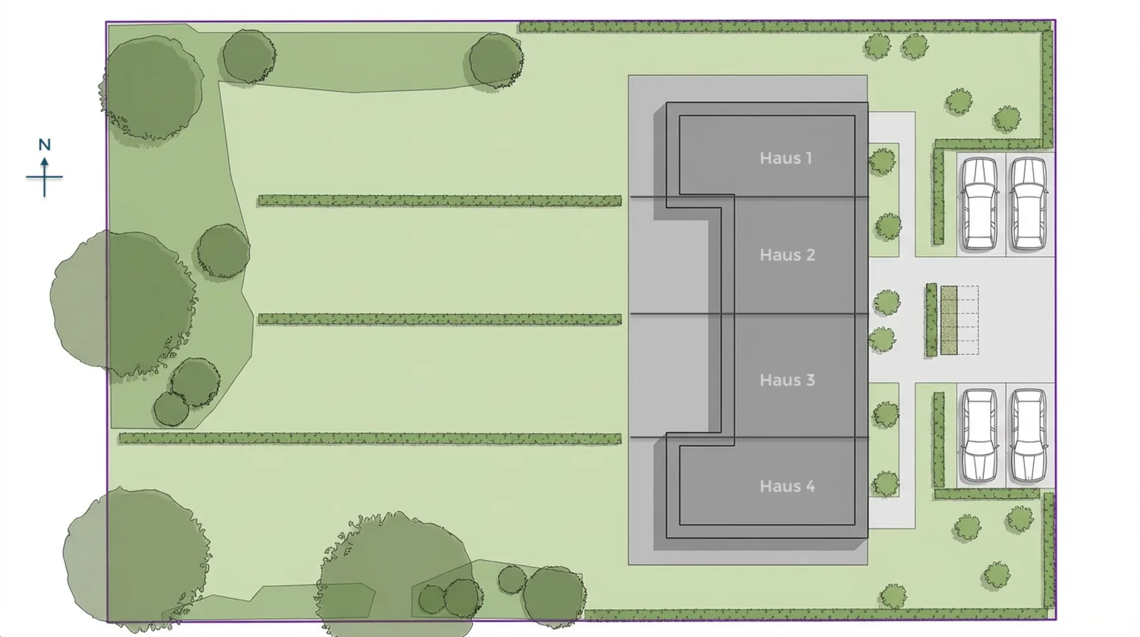 Lageplan Niendorf Quartett mit den vier Häusern, Gärten nach Westen und Stellplätzen an der Straße