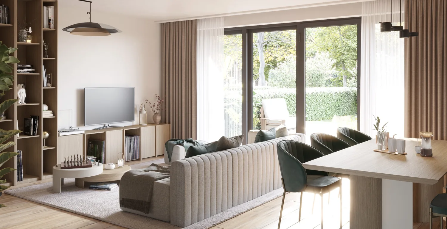 Wohnzimmer mit bodentiefen Fenstern (Beispiel-Visualisierung)